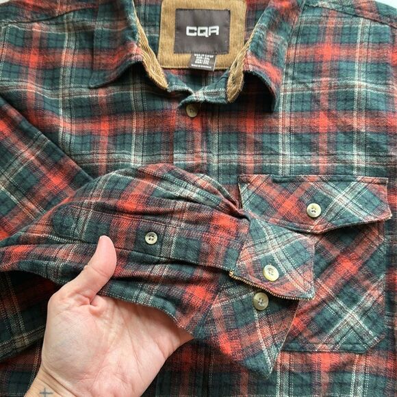 CQR‎ Flannel Button Up Shirt Dark Red / Orange Green Plaid Mens Size XL - Picture 4 of 13